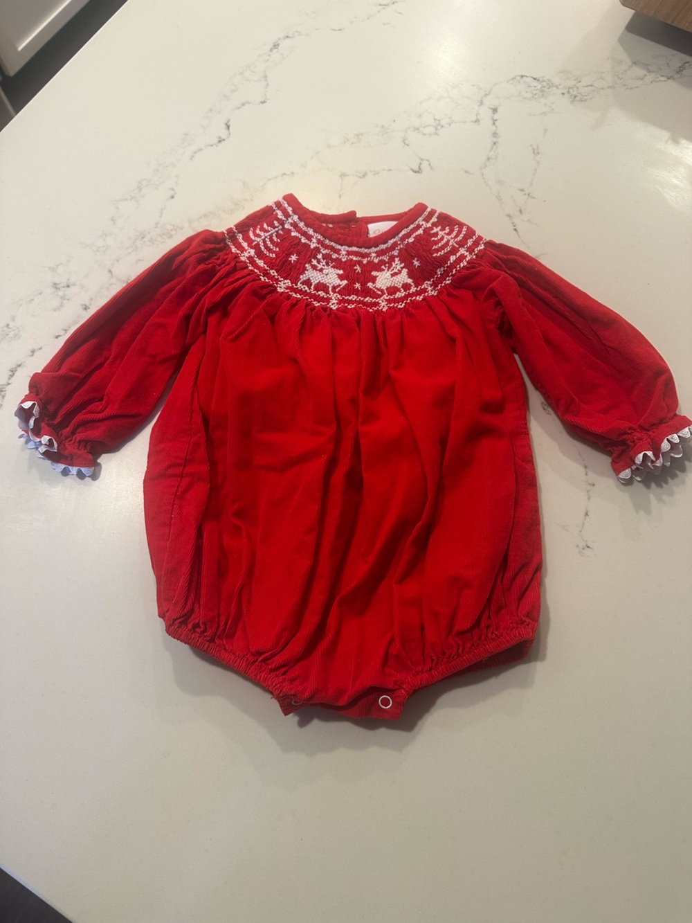 Red Smocked Christmas Baby Bubble Romper. 18 months